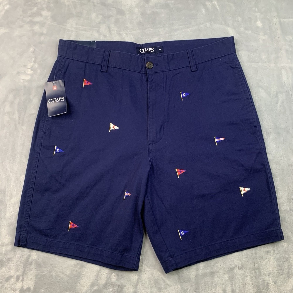 Chaps Men's Chino Shorts‎ Navy Blue Nautical Flag Embroidered Size 33